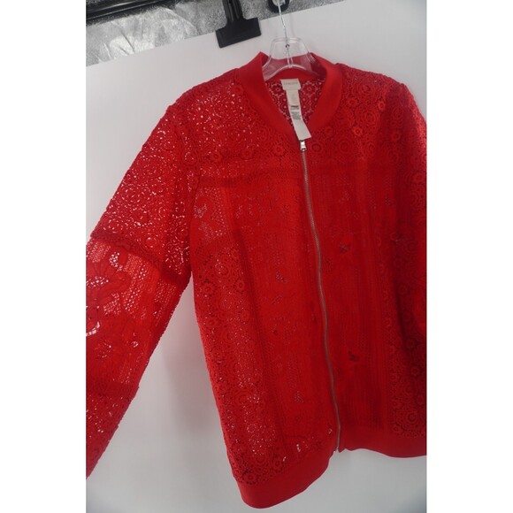 Chico's Women's Cherry Red Thick Floral Lace Crochet Zip Jacket Bomber Size L/2 - Picture 11 of 11